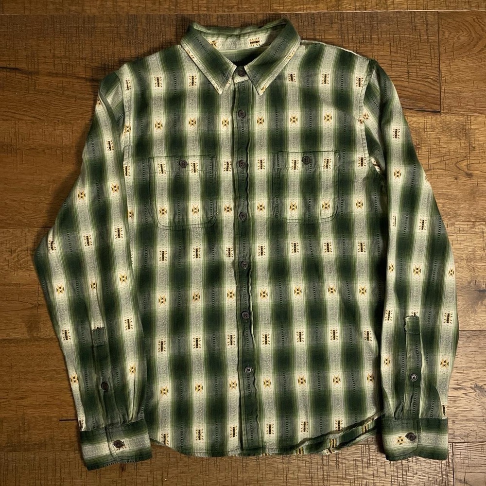 Lucky Brand Button Up Shirt Mens M Green Western Aztec Plaid Long Sleeve